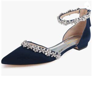 XYD Navy Pointed Toe Sparkly Rhinestones Ankle Strap D'Orsay Wedding Sandals